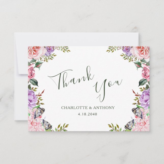 Carte De Remerciements Mariage papillon floral de jardin secret (Devant)