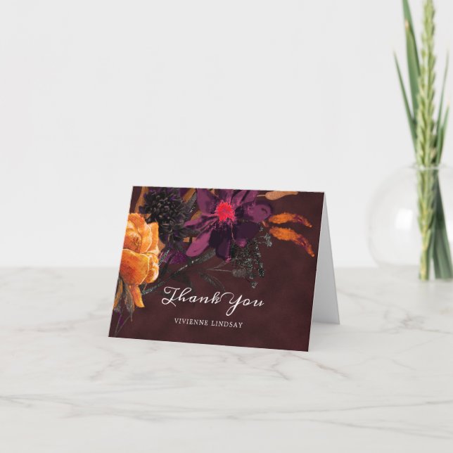 Carte De Remerciements Mariage photo automne Bourgogne Rouge Floral (Devant)