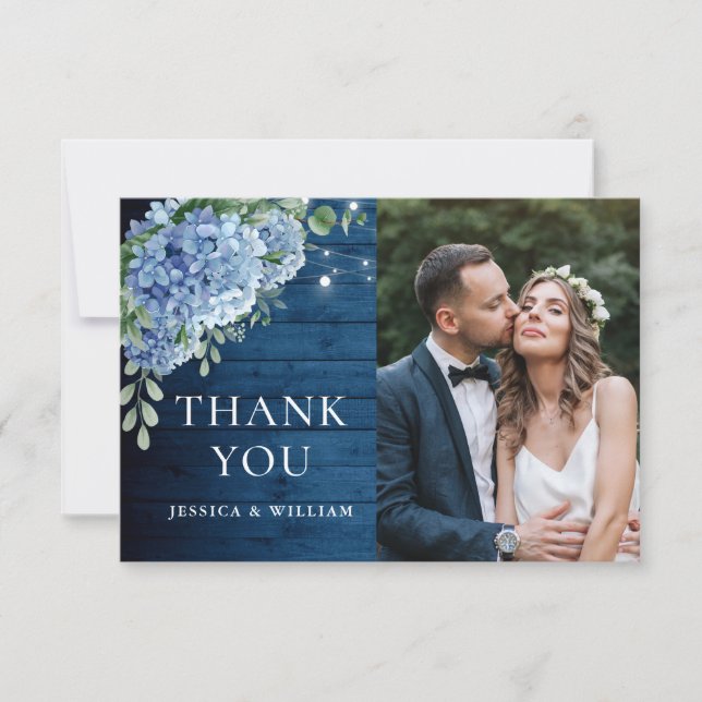 Carte De Remerciements Mariage photo Blue Hydrangea Lantern Navy (Devant)