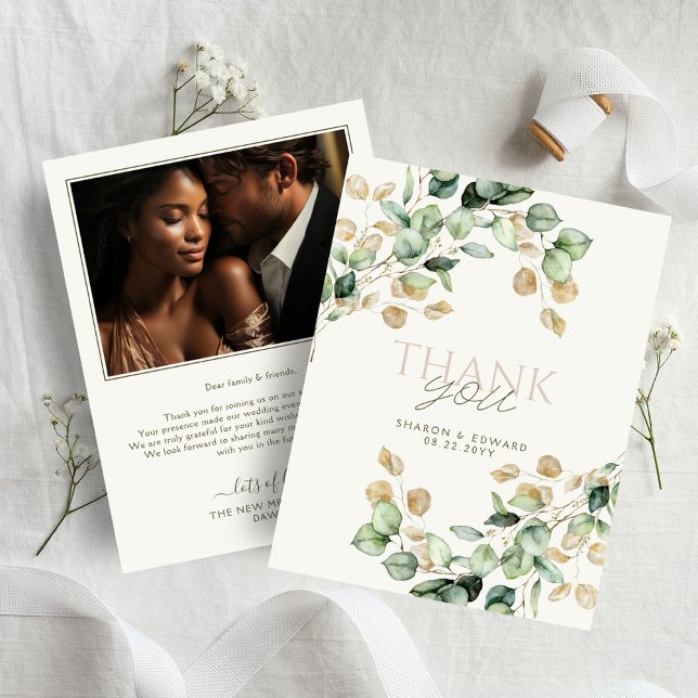 Carte De Remerciements Mariage photo Botanique Eucalyptus Vert & Or (Créateur téléchargé)