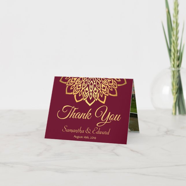 Carte De Remerciements Mariage photo Burgundy Gold Elegant (Devant)