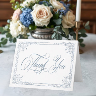 Carte De Remerciements Mariage Photo Cadre Floral Bleu Élégant Classique