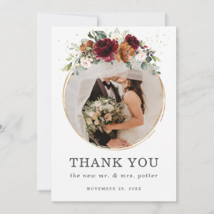 Carte De Remerciements Mariage photo Chic Burgundy Orange Floral Mariage