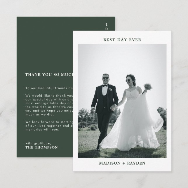 Carte De Remerciements Mariage photo Dark Green Typography (Devant / Derrière)