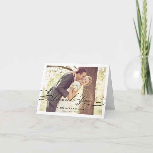 Carte De Remerciements Mariage photo de script classique noir simple et é (Devant)