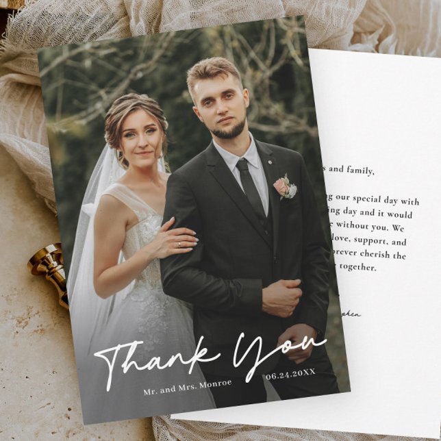 Carte De Remerciements Mariage photo de script manuscrit simple (Simple handwritten script wedding photo thank you cards.)