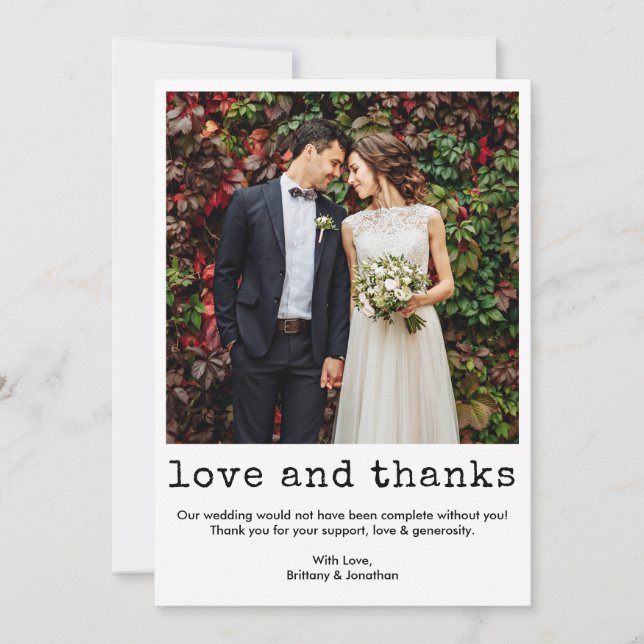 Carte De Remerciements Mariage photo de texte de machine à écrire moderne (Devant)