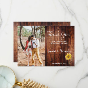 Carte De Remerciements Mariage photo de tournesol en bois rustique