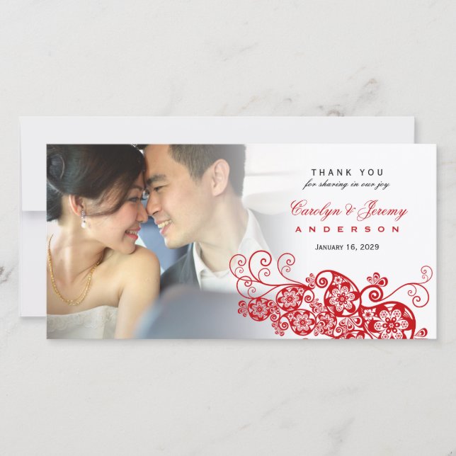 Carte De Remerciements Mariage photo élégant Red Floral Paisley Boho Chic (Devant)