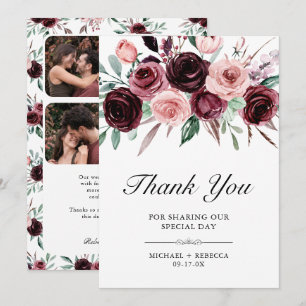 Carte De Remerciements Mariage photo floral burgundy rose poussiéreux