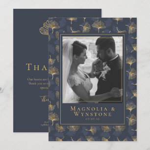 Carte De Remerciements Mariage photo floral élégant Blue Gold Foil