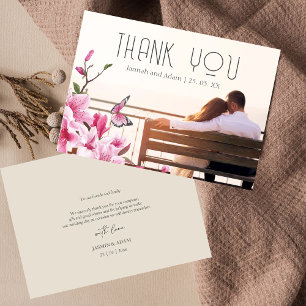 Carte De Remerciements Mariage photo floral papillon rose moderne