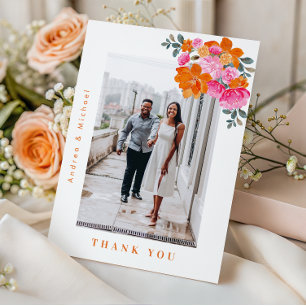 Carte De Remerciements Mariage photo Floral rose et orange frais d'été