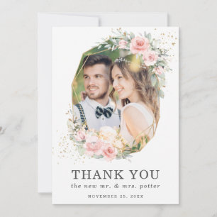 Carte De Remerciements Mariage photo géométrique vert floral rose doux 