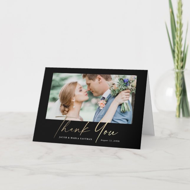 Carte De Remerciements Mariage photo Modern Gold Script (Devant)