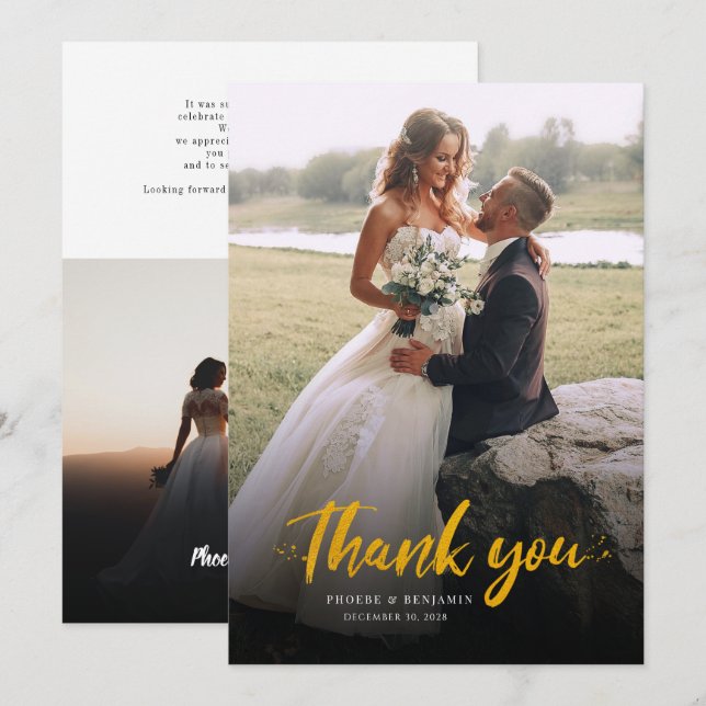 Carte De Remerciements Mariage photo moderne à lettres mains or (Devant / Derrière)