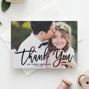 Carte De Remerciements Mariage photo moderne avec lettres main noire