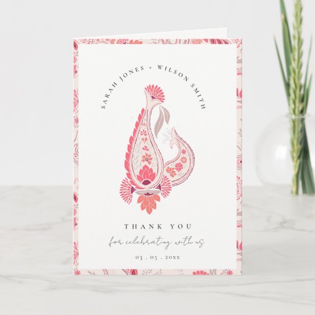 Carte De Remerciements Mariage photo moderne Blush Paisley Typographie (Devant)