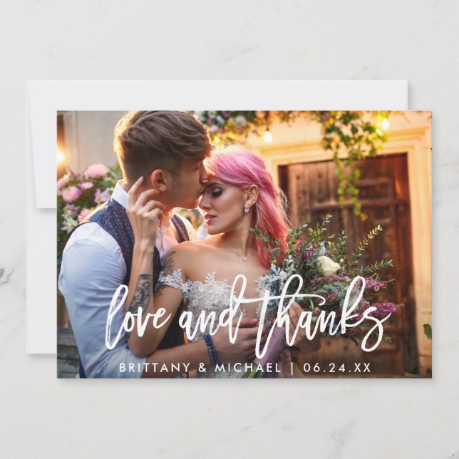 Carte De Remerciements Mariage photo moderne Brush Script Love Thanks (Devant)