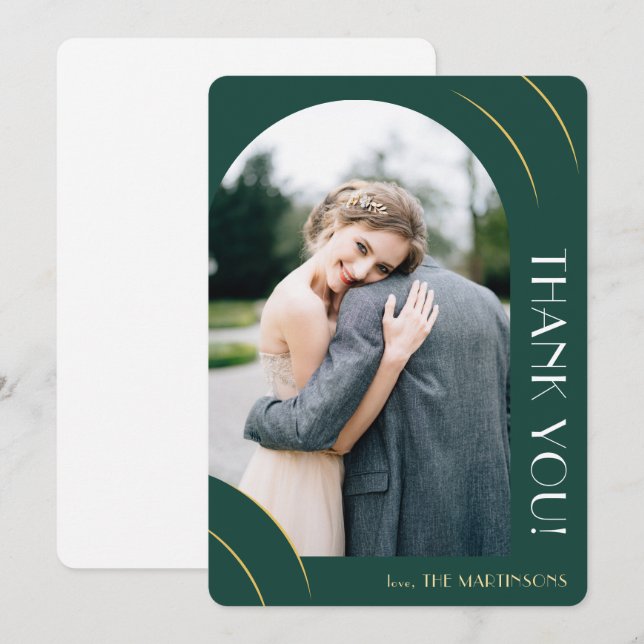 Carte De Remerciements Mariage photo moderne Emerald Green et Gold (Devant / Derrière)
