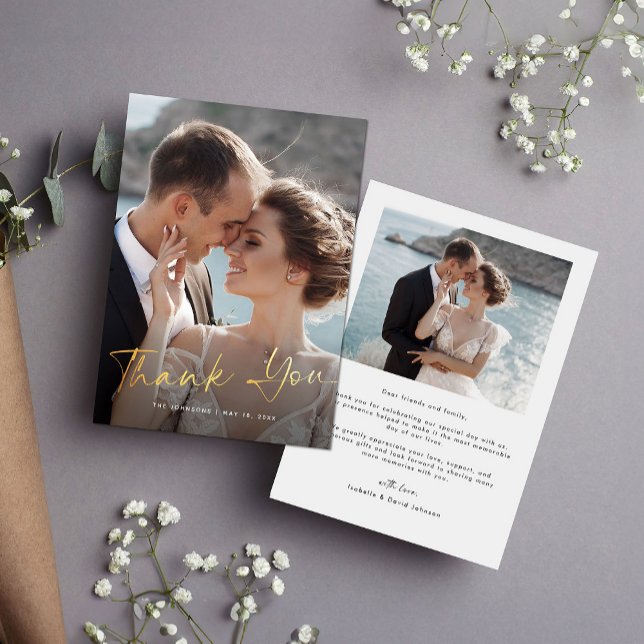 Carte de remerciements Mariage photo moderne Gold  (Créateur téléchargé)