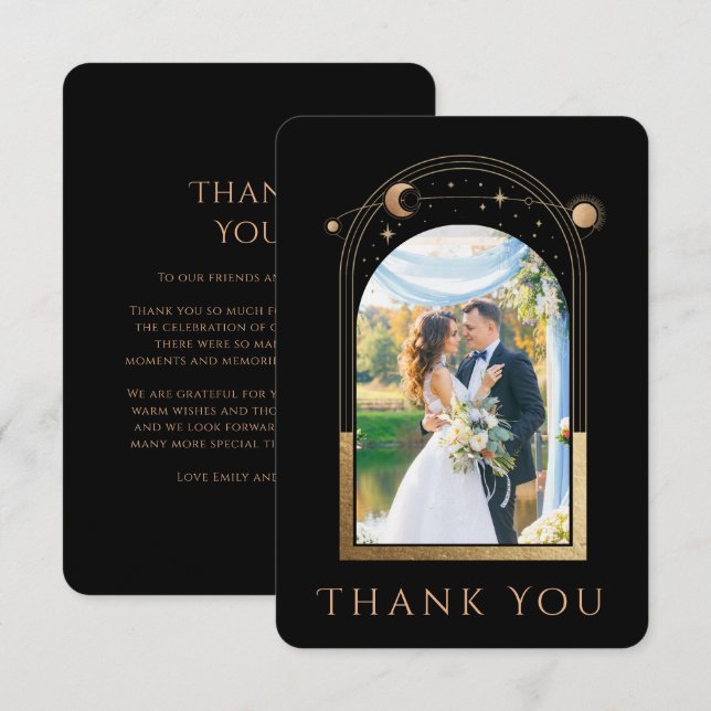 Carte De Remerciements Mariage photo Mystical Chic Black Gold Star Moon (Devant / Derrière)