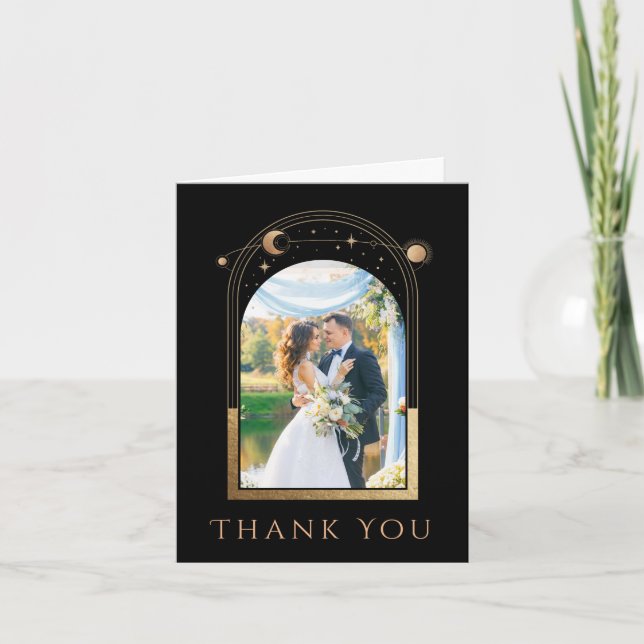 Carte De Remerciements Mariage photo Mystical Chic Black Gold Star Moon (Devant)