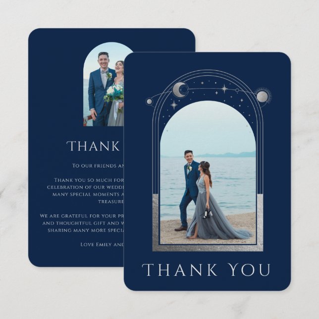 Carte De Remerciements Mariage photo Mystical Chic Blue Silver Star Moon (Devant / Derrière)