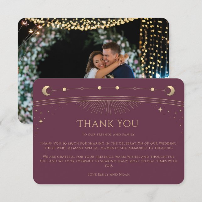 Carte De Remerciements Mariage photo Mystical Chic Plum Gold Star Moon (Devant / Derrière)