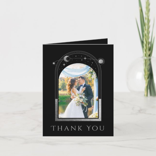 Carte De Remerciements Mariage photo mystique Black Silver Sun Moon Star (Devant)
