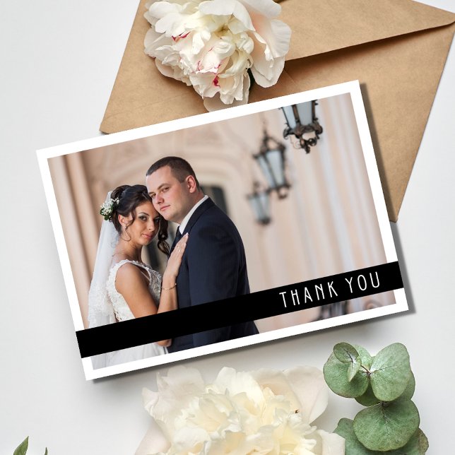 Carte De Remerciements Mariage photo noir moderne (Modern Black White Photo Wedding Thank You Card)