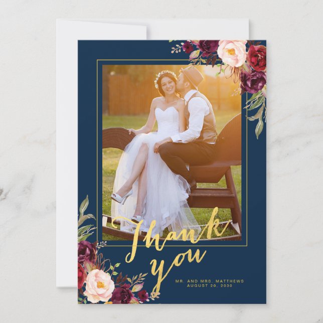 Carte De Remerciements Mariage Photo Or Burgundy Floral Bleu Nuit (Devant)