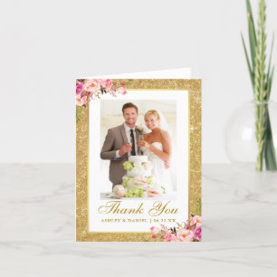 Carte De Remerciements Mariage Photo Parties scintillant or rose florale 