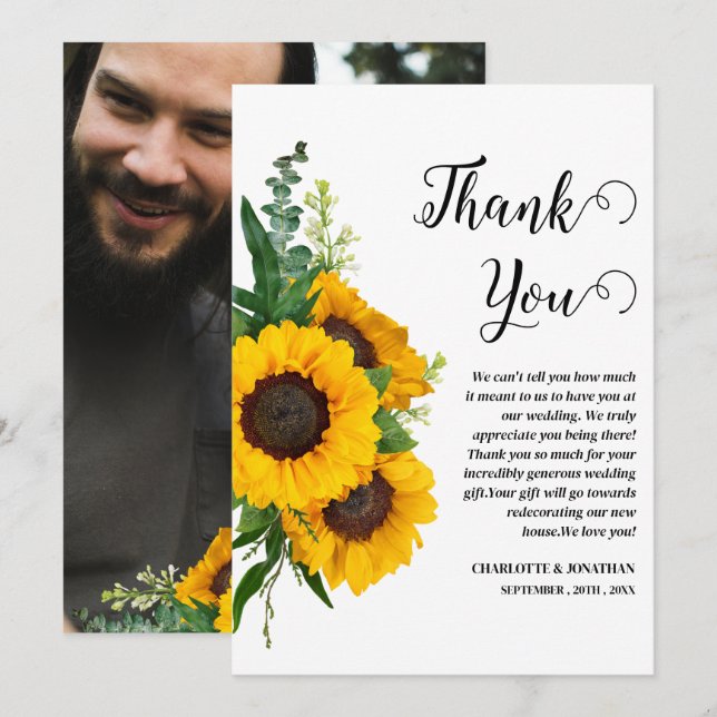 Carte De Remerciements Mariage photo personnalisé de tournesol rustique (Devant / Derrière)