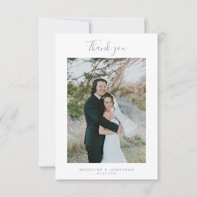Carte De Remerciements Mariage photo simple bleu poussiéreux élégant Scri (Devant)