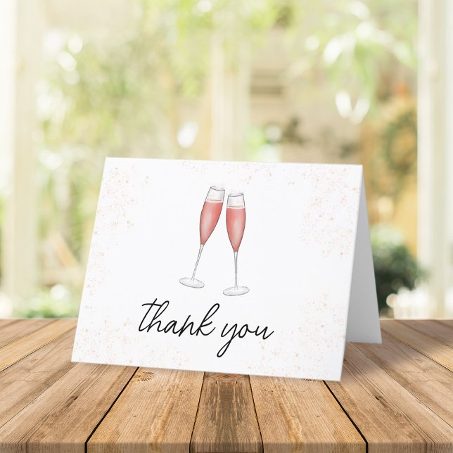 Carte De Remerciements Mariage Pink Calligraphie Script Champagne (Simple pink champagne toasting flutes thank you card)