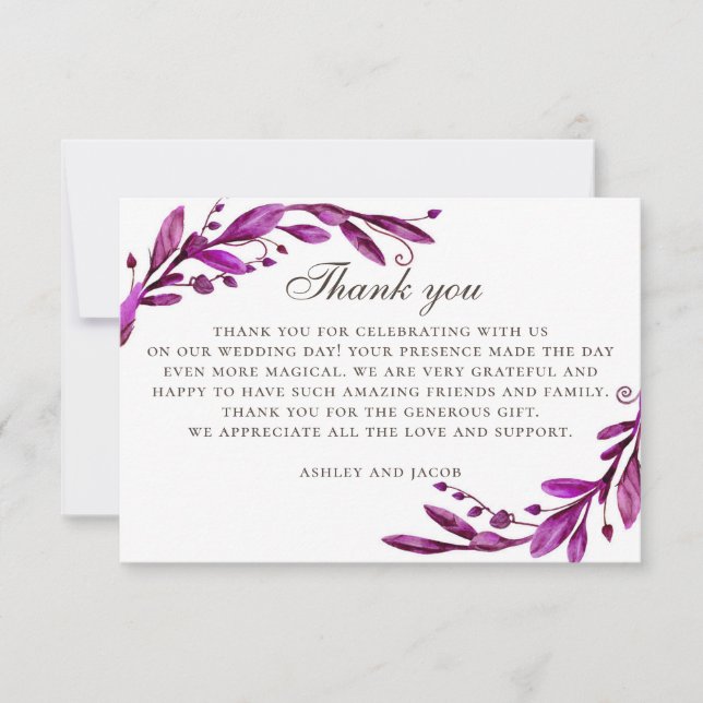 Carte De Remerciements Mariage pourpre aquarelle. Élégante botanique lila (Devant)