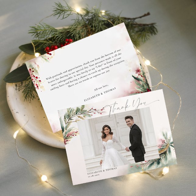 Carte De Remerciements Mariage Romantique de Noël d'Hiver Photo de Remerc (winter christmas wedding bridal shower thank you card greenery botanical berries red green gold chic)