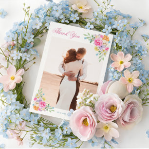 Carte De Remerciements Mariage romantique floral aquarelle rose et bleu