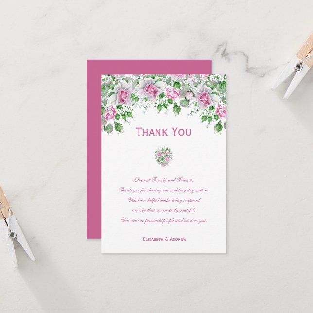 Carte de remerciements Mariage romantique rose (Devant/Arrière en situation)