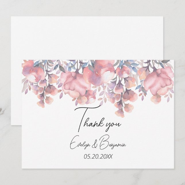 Carte De Remerciements Mariage rose à fleurs Dusty (Devant / Derrière)