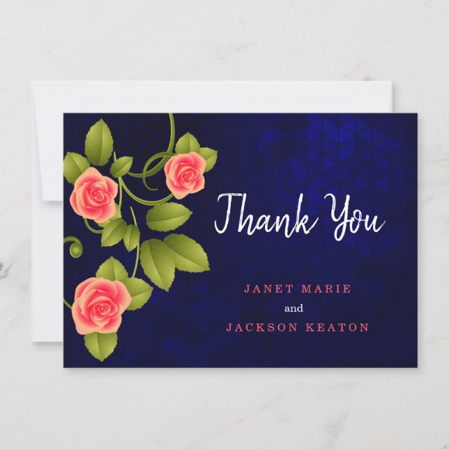 Carte De Remerciements Mariage Rose bleu foncé et corail (Devant)
