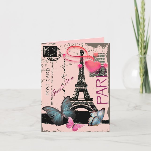 Carte De Remerciements mariage rose de destination de Tour Eiffel de (Devant)