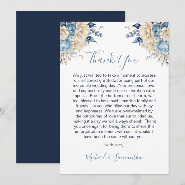 Carte De Remerciements Mariage Rose élégant bleu et ivoire (Devant / Derrière)