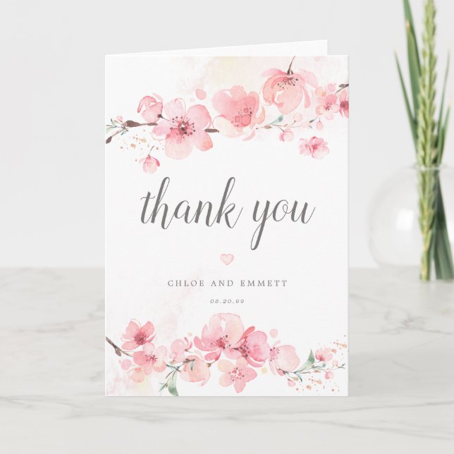 Carte de remerciements Mariage rose Fleur de ceris (Devant)
