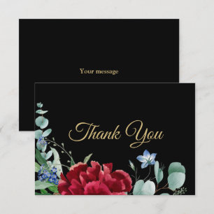 Carte De Remerciements Mariage Rouge Fleur Vert Feuilles Golden Frame Noi