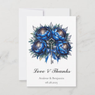 Carte De Remerciements Mariage Royal Blue et Silver Peony