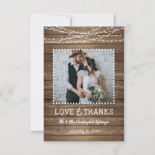 Carte De Remerciements Mariage Rustic Wood LOVE & THANKS String Lights