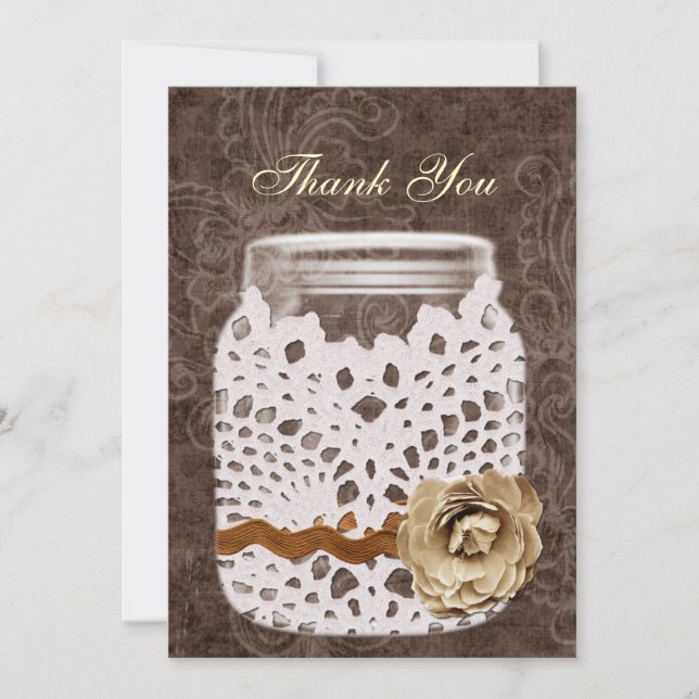Carte De Remerciements Mariage rustique avec pot Mason enveloppé de dente (Devant)