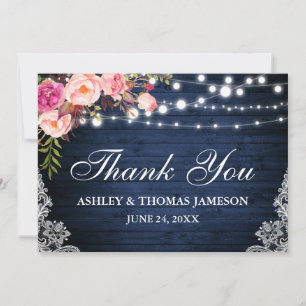 Carte De Remerciements Mariage rustique bleu bois rose floral lumières de
